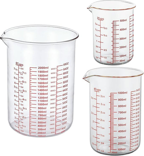3 Piece Glass Measuring Cup Set, Includes 2-Cup, 4-Cup, and 8-Cup High Borosilicate Glasss Liquid Measuring Cups, Dishwasher, Freezer, Microwave, and Preheated Oven Safe, Essential Kitchen Tools