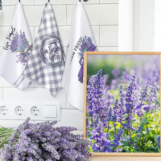 Set of 6 Lavender Kitchen Towels Purple Floral Dishtowels Rustic Absorbent Purple Tea Hand Towels 24 x 16 Inches Lavender Lover Gifts for Farmhouse Kitchen Bathroom Accessories Decorations