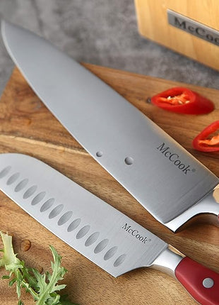 McCook® Stainless Steel Kitchen Knife Sets with Wooden Block, Kitchen Scissors and Built-in Sharpener, Red