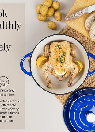 Nuovva Enamelled Cast Iron Dutch Oven Pot with Lid – 6.4 Quart Non Stick Casserole Pot – Heavy Duty & Oven Safe up to 500° F for Bread Baking, Braising, Stews, Roasting – 28cm Dark Blue