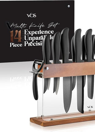 Vos Ceramic Knife Set With Block - 13-Piece Ceramic Knives Set For Kitchen, Includes Chef, Santoku, Bread Knives, Steak Knives, Peeler & Elegant Wooden Block - Ultra-Sharp, Dishwasher safe,Lightweight
