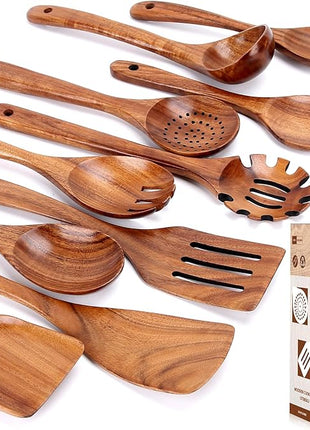 SPATUAMZ Teak Wood Spoons for Cooking, Natural Wooden Utensil Set of 10, Durable Heat Resistant Kitchen Cooking Utensils for Non-Stick Cookware