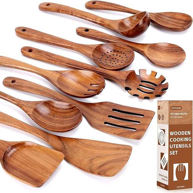 SPATUAMZ Teak Wood Spoons for Cooking, Natural Wooden Utensil Set of 10, Durable Heat Resistant Kitchen Cooking Utensils for Non-Stick Cookware