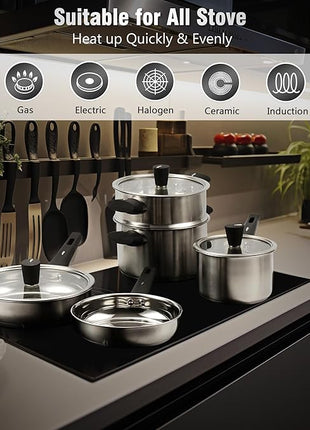 Meythway 14-Piece Stainless Steel Cookware Set for Induction Stovetops – Non-Toxic Pots & Pans with Stay-Cool Handles, Glass Lids, Steamer, Pot Mats & Utensils – Dishwasher Safe Kitchen Cookware