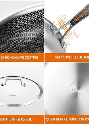 DELARLO Whole body Tri-Ply Stainless Steel Hybrid 12 inch Frying Pan With Lid Nonstick, Oven safe induction skillet,Suitable for All Stove (Detachable Handle)