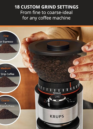KRUPS Flat Burr Coffee Grinder Electric, 18 Adjustable Grind Settings, 2-20 Cups per Grind, Single Touch, Coffee Bean and Spice Grinder, Stainless Steel, Black