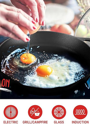 NutriChef 12-Inch Cast Iron Skillet w/Lid - Pre-Seasoned, Oven Safe, Nonstick, Cool-Touch Silicone Handle, For All Cooktops - NCCI12