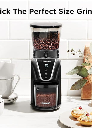 Chefman Conical Burr Coffee Grinder, Create The Boldest & Most Flavorful Grind With 31 Settings From Coarse To Extra Fine, One-Touch Digital Control & 9.7-oz Bean Capacity, Black