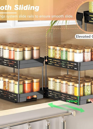 Pull Out Spice Rack Organizer for Cabinet, 2 Pack Widen Slide Out Spice Racks Organizer, Spice Cabinet Organizers, Cabinet Size Need:12'' Highx11'' Deepx6.75'' Wide,Hold 15 Spice Jar Each Tier-2Tier