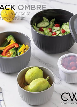 COOK WITH COLOR Prep Bowls with Lids- Wide and Deep Nesting Plastic Small Mixing Bowl Set with Lids, 12 Piece Set - Deep Bowls, Black/White