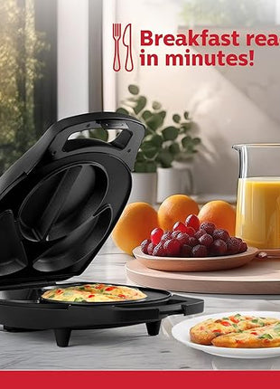 Holstein Housewares Stainless Steel 4 Section Omelet Maker, Non Stick Coating, Mess Free Cooking, Easy Cleaning, Indicator Lights, Upright Storage & Anti Slip Feet For Quick Meals. 4 Portions, Black