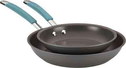 Rachael Ray 87643 Cucina Hard Anodized Nonstick Frying Pan Set / Fry Pan Set / Hard Anodized Skillet Set - 9.25 Inch and 11.5 Inch, Gray with Blue Handles