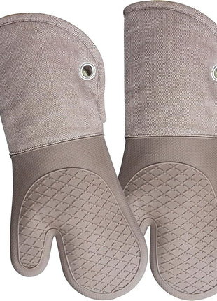 Professional Microwave Silicone Oven Mitts one Pair, Kitchen Mitten Set for Heat Resistant with 500 Degrees, Kitchen Gloves Pot Holder for BBQ Cooking Baking (Khaki)