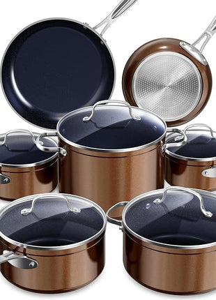 Nuwave Healthy Duralon Blue Ceramic Nonstick Cookware Set, Diamond Infused Scratch-Resistant, PFAS Free, Dishwasher & Oven Safe, Induction Ready & Evenly Heats, Tempered Glass Lids & Stay-Cool Handles