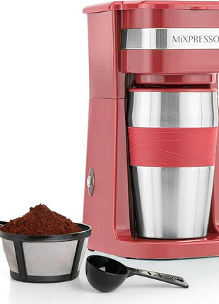 Mixpresso Red Personal Single Serve Coffee Maker with 14oz Travel Mug, Drip Small Coffee Maker with Auto Shut Off, Reusable Filter, Works with Ground Coffee Only – Not for K-Cup Pods