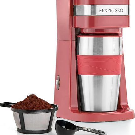 Mixpresso Red Personal Single Serve Coffee Maker with 14oz Travel Mug, Drip Small Coffee Maker with Auto Shut Off, Reusable Filter, Works with Ground Coffee Only – Not for K-Cup Pods