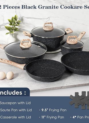 12 Pcs Pots and Pans Set, Nonstick Cookware Sets Black Granite Induction Cookware, Non-toxic Healthy Non Stick Kitchen Cooking Set with Frying Pans Set, Saucepans,Steamer (PFAS, PFOA, PFOS Free)