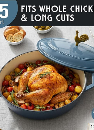 MUELLER HOME 5.5 Quart Enameled Cast Iron Oval Dutch Oven w Rooster Knob & Cotton Potholders, Heavy-Duty Cookware, Oven-Safe up to 500° F & Across All Cooktops, Gifts for Grandma & Women, Mineral Blue