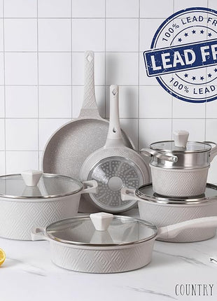 Country Kitchen Non-Stick Cast Aluminum Cookware Set - Durable Kitchen Cookware for Everyday Cooking, Cream Rhombus, 11 Pc.