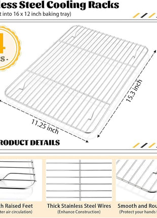 P&P CHEF Baking Cooling Rack Set for Cooking Roasting, 4-Piece Stainless Steel Wire Racks for Oven Use, Healthy & Dishwasher Safe, Rectangle, 15.3 Inch