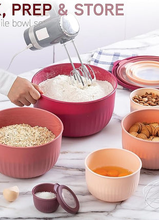 COOK WITH COLOR Prep Bowls with Lids- Wide and Deep Nesting Plastic Small Mixing Bowl Set with Lids, 12 Piece Set - Deep Bowls, Rose