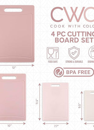 COOK WITH COLOR Non-Slip Cutting Board Set – Kitchen Essentials with Easy Grip Handle for Meat, Veggies, and Fruits, 4 Cutting Boards, Pink