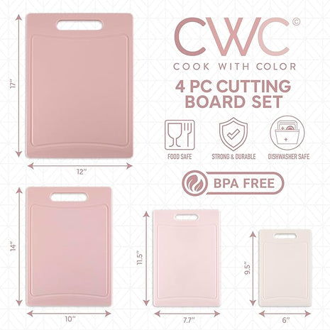 COOK WITH COLOR Non-Slip Cutting Board Set – Kitchen Essentials with Easy Grip Handle for Meat, Veggies, and Fruits, 4 Cutting Boards, Pink