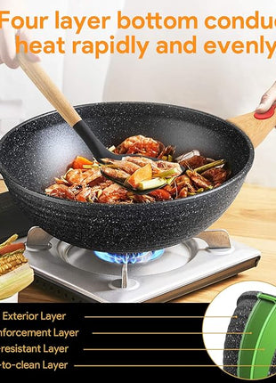 Nonstick Wok Aluminium Die-casting Chinese Wok, Scratch Resistant With Lid and Spatula, PFOA-Free, Dishwasher Safe & Induction Bottom,12 Inch,6L,Large Capacity