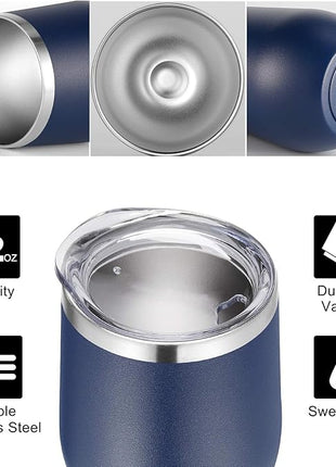 VEGOND 12oz Stainless Steel Wine Tumbler with Lid and Straw, Double Wall Vacuum Insulated Stemless Wine Glass Tumbler Cup, Coffee Mug for Cold Hot Drinks