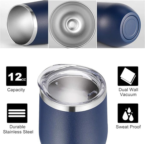 VEGOND Wine Tumblers Bulk 12 Pack, 12oz Stainless Steel Stemless Wine Glass with Lids and Straws, Double Wall Vacuum Insulated Tumbler Cup, Coffee Mug for Cold Hot Drinks