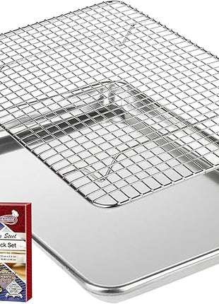 KITCHENATICS Small Quarter Sheet Baking Pan with Rack, Stainless Steel Baking Rack & Aluminum Cookie Sheet Baking Pan Toast Oven Tray w/Cooling Rack, 1/4 Sheet Pan & Wire Rack Set - 9.6" x 13" IN Pan