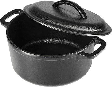 Amazon Basics Round Pre-Seasoned Cast Iron Mini Dutch Oven Pot with Lid and Dual Handles, 2-Quart, Black