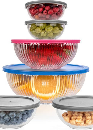 Set of 6 Stackable Space-Saving Nesting Glass Bowls with BPA Free Lids for Foodprep, Storage, Baking, Mixing & Cooking, Microwave Safe - Durable Inert Borosilicate Glass