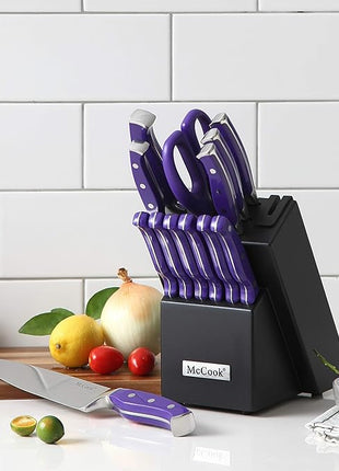 McCook MC27 14 Pieces Stainless Steel kitchen knife set with Wooden Block, Kitchen Scissors and Built-in Sharpener, Purple