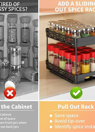 Pull Out Spice Rack Organizer for Cabinet, 2 Pack Widen Slide Out Spice Racks Organizer, Spice Cabinet Organizers, Cabinet Size Need:12'' Highx11'' Deepx6.75'' Wide,Hold 15 Spice Jar Each Tier-2Tier