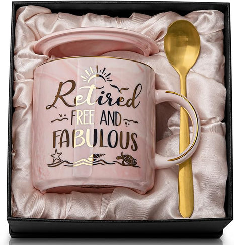 Retirement Gift for Woman 2025 - Retirement Gifts for Women, Coworker Leaving, Farewell, Going Away, Goodbye Gifts, Retired Free And Fabulous -14oz Pink Marble Coffee Mug, Gift Box