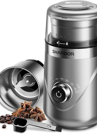 SHARDOR Electric Super Silent Blade Coffee Grinder, Timed Grind Control Rotary Knob, Adjustable Coarse to Fine for Coffee Beans, Spices & Herbs, with 1 Removable Stainless Steel Bowl, Sliver