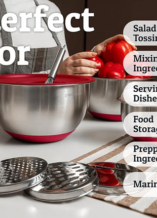 Priority Chef Stainless Steel Mixing Bowls with Lids Set, 3 Grater Attachments, Airtight Lids, Non-Slip Silicone Base Mixing Bowl Set, Large Prep Metal Mixing Bowls for Kitchen, Red