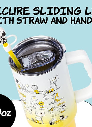 Silver Buffalo Peanuts Iconic Scenes Featuring Charlie Brown, Snoopy, Woodstock, Lucy, Sally, Linus & More Stainless Steel Tumbler w Handle, Straw, & Straw Cap, Fits in Standard Cup Holder, 40 Ounces