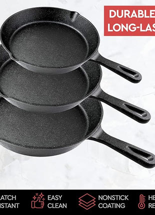 Cast Iron Skillet 3-Piece Set - Heavy-Duty Professional Restaurant Chef Quality Pre-Seasoned Pan Cookware Set - 10", 8", 6" Pans - For Frying, Saute, Cooking, Pizza & More,Black