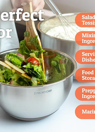 Priority Chef Premium Mixing Bowls With Airtight Lids Set, Thicker Stainless Steel Mixing Bowl Set, Large Prep Metal Bowls with Lids, Nesting Bowls for Kitchen, 1.5/2/3/4/5 Qrt, Grey