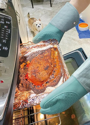 Professional Microwave Silicone Oven Mitts one Pair, Kitchen Mitten Set for Heat Resistant with 500 Degrees, Kitchen Gloves Pot Holder for BBQ Cooking Baking (Light Blue)