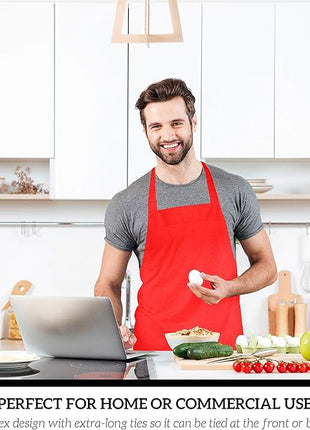 GREEN LIFESTYLE 12 Pack Bib Apron - Unisex Red Aprons, Machine Washable Aprons for Men and Women, Kitchen Cooking BBQ Aprons Bulk (Pack of 12, No Pockets, Red)