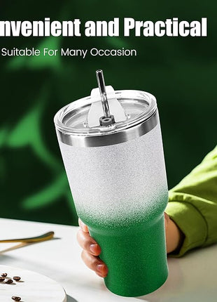 D·S 30 oz Tumbler Christmas Green Glitter Gradient Cup Stainless Steel Double Wall Vacuum Insulated Mug with Straw and Lid, Cleaning Brush for Cold and Hot Beverages