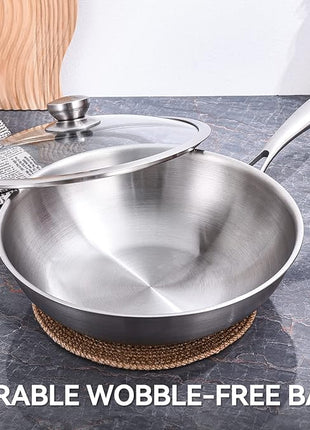 LOLYKITCH Tri-Ply 13 Inch Stainless Steel Wok Pan with Lid, Stir-Frying Pan,Induction Wok,Dishwasher and Oven Safe,Heavy Duty and Detachable handle.