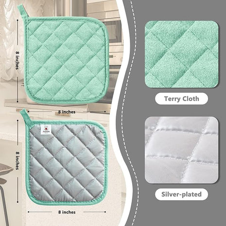 Joyhalo 4 Pack Pot Holders for Kitchen,Cotton Oven Holder with Great Heat Resistance,Non Slip Hot Pads for Kitchen Clearance, Aqua