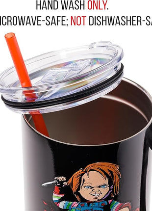 Silver Buffalo Chucky Holding Knife Wanna Play Spooky Scary Stainless Steel Tumbler with Handle and Straw, Fits in Standard Cup Holder, 40 Ounces