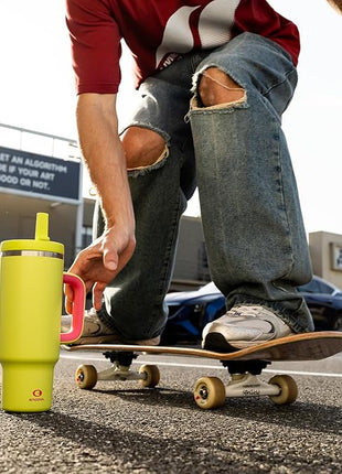 32 oz Tumbler with Handle and Straw: Stainless Steel Insulated Tumbler Keeps Cold for 24 Hours, Leakproof Travel Cup Fits in Cup Holder and BPA-Free,Acid Green