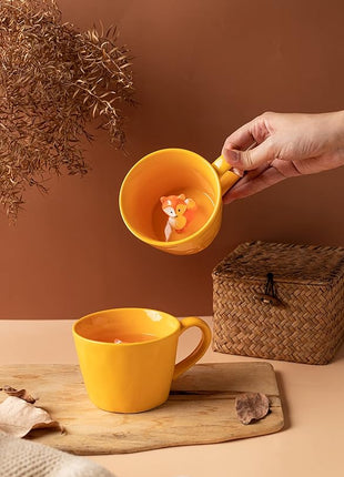 DIHOclub Fox Ceramic Cup Hidden 3D Animal Inside Mug,Cute Cartoon Handmade Figurine Mugs,Holiday and Birthday Gift for Coffee Milk Tea Lovers,12 OZ(Yellow)