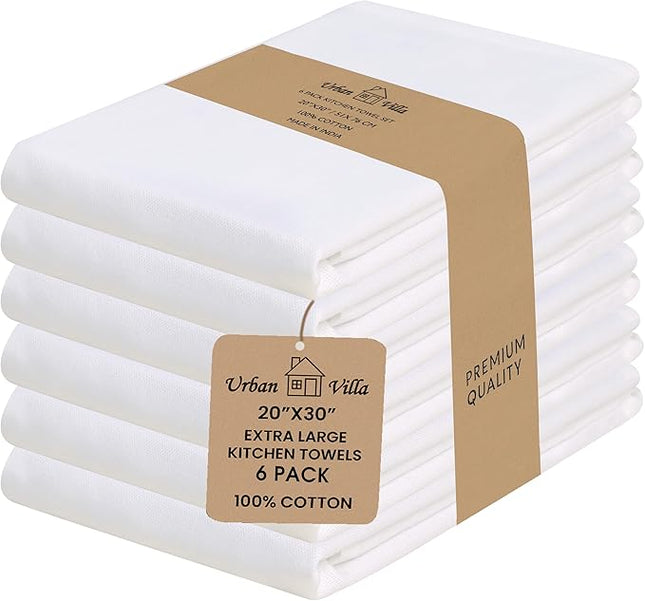 Urban Villa Kitchen Towels Set of 6 fall dish towels for kitchen 100% Cotton White Color Dish Cloths 20''X30'' Large Multi-Purpose Kitchen Hand Towels Highly Absorbent Kitchen Towels with hanging Loop